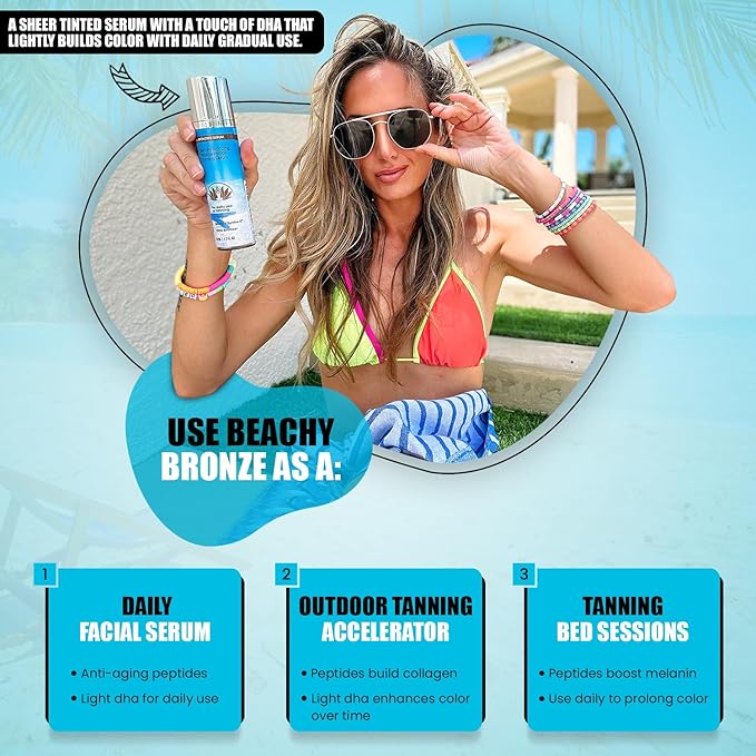 Beachy Bronze - Peptide Facial Tanning Bed Lotion, Gradual DHA Bronzing Serum & Daily Face Moisturizer Collagen, Niacinamide, Exosomes, Sheer Tint, Sun-Kissed Glow, 1.7 fl oz