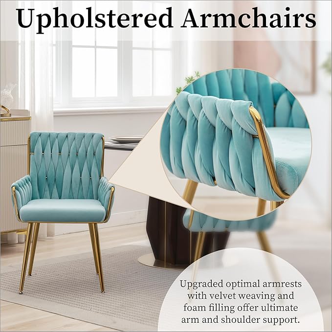Westice Home Office Desk Chair, Upholstered Hand Weaving Desk Chairs with Golden Metal Legs & Armrest, Modern Accent Chairs for, Living Room, Vanity Makeup Room, Blue