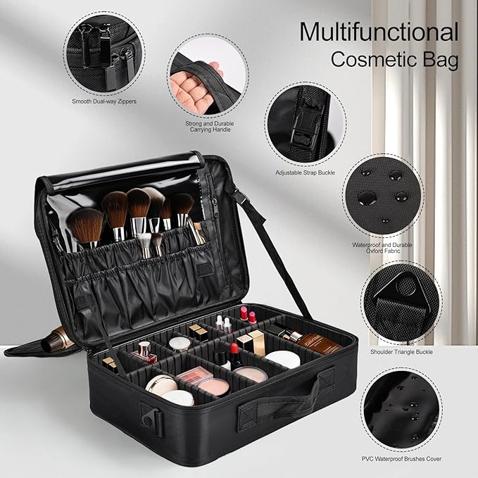 Professional Makeup Train Case with Brush Holder, Large Makeup Travel Bag Organizer, Portable Cosmetic Carry Case 3 Layer Makeup Artist Storage Box with Adjustable Dividers and Shoulder Strap, Black