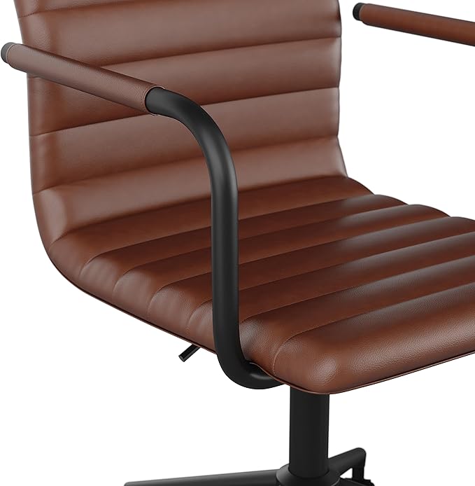 Martha Stewart Taytum Swivel Task Chair with Armrests for Home Office in Saddle Brown Faux Leather with Oil Rubbed Bronze Frame