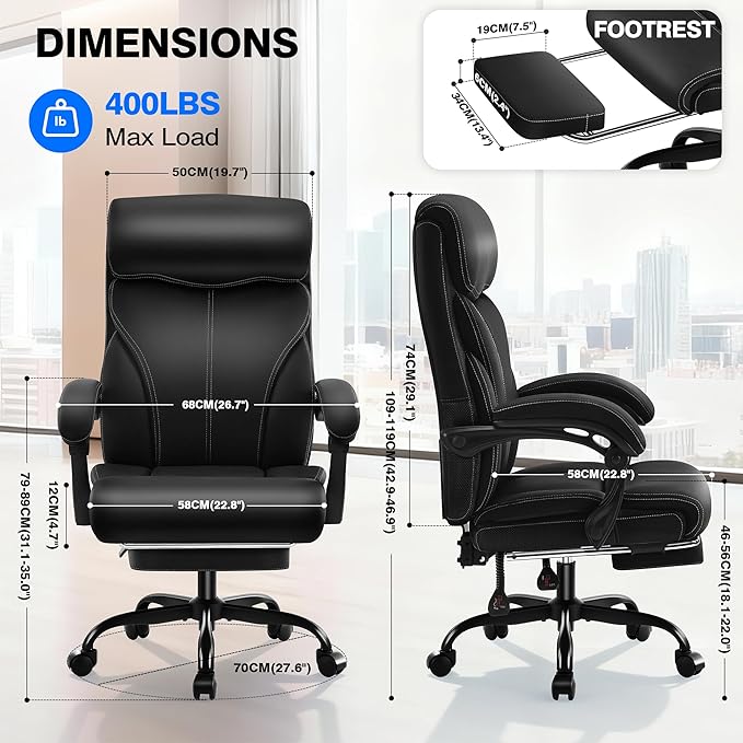 AreShark Office Chair - Ergonomic Comfortable High Back Computer Desk Chair with Foot Rest - Executive Breathable Swivel Rolling Reclining Leather Chair with Lumbar Support for Home Gaming Relaxing