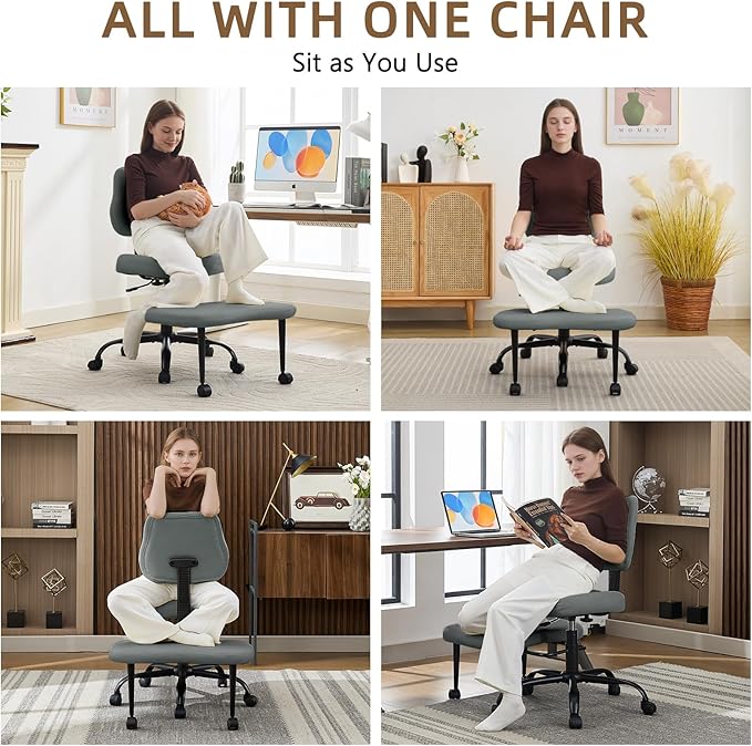 Ergonomic Cross Legged Office Chair, Criss Cross Chair with Wheels, 360°Swivel ADHD Meditation Kneeling Yoga Seat with Adjustable Height, Ergonomic Back Support and Leg Rest, Leather (Gray)