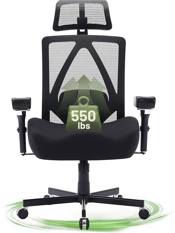 Big and Tall Office Chair 550lbs, Ergonomic Desk Chair with W Thick Cushion&4D Armrest, Executive Mesh Desk Chair with Adjustable Lumbar Support, 2D Headrest, Swivel Task Chairs for Home Office Gaming