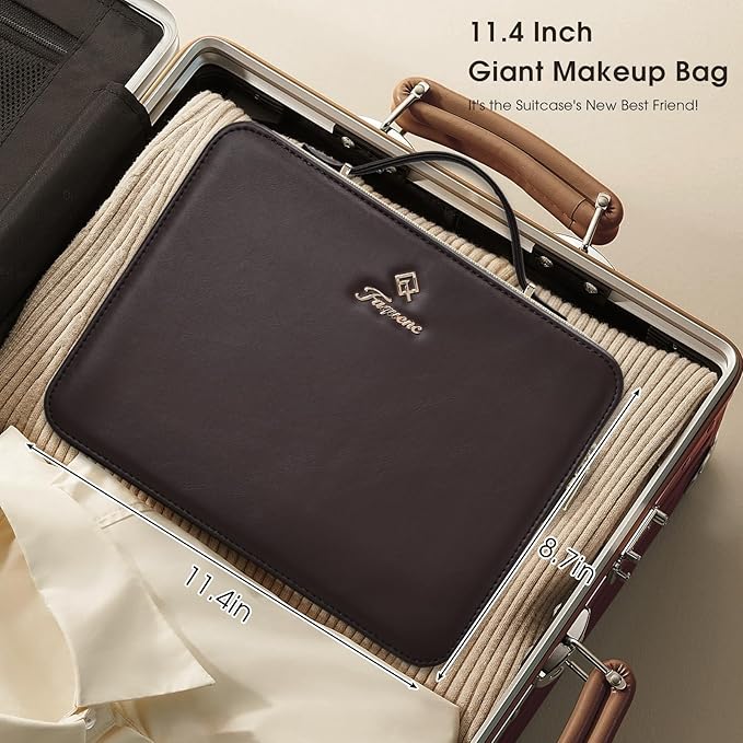 Leather Makeup Case with LED Lighted Mirror 11.4 Inch Travel Makeup Bag Adjustable Brightness in 3 Colors Cosmetic Organizer Artist Storage Bag with Dividers Brush Holder Bag Vanity Dark Brown