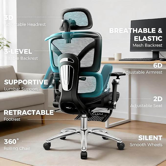 Ergonomic Mesh Office Chair with Footrest, Big and Tall Home Desk Chair with 5D Flip-Up Arms, Adjustable Lumbar Support, Gaming & Executive Computer Chairs, Black