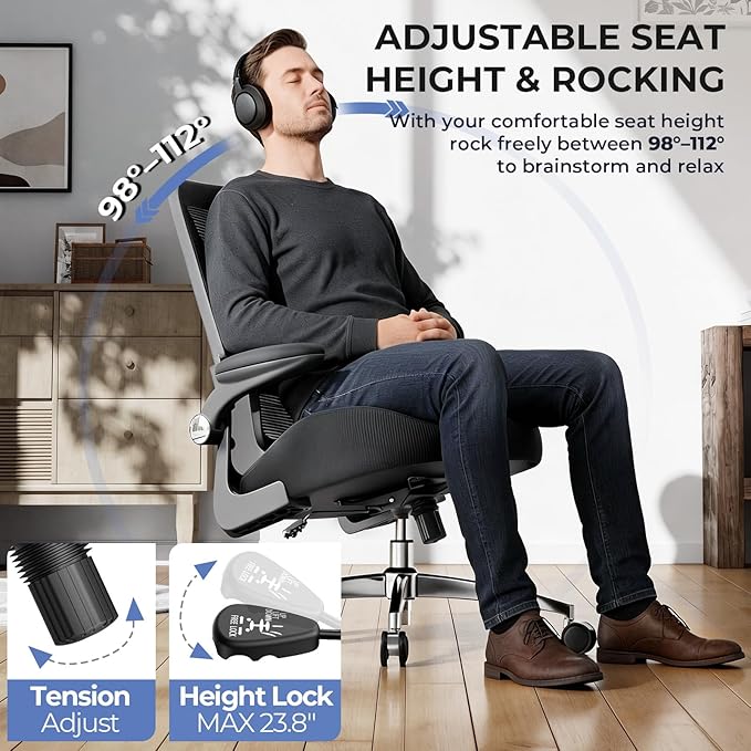 Ergonomic Office Chair Mid Back with Integrated Lumbar Support, Adjustable Height, Thick Memory Foam Seat, Rocking Function, 90° Flip-up Armrests – Comfortable Desk Chair for Home Office