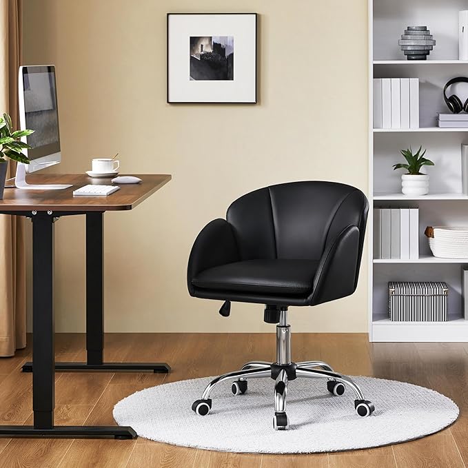 Yaheetech Cute Petal Desk Chair Home Office Chair Swivel Leather Desk Chair Makeup Vanity Chair with Armrests for Bedroom Modern Computer Rolling Chair for Women Black