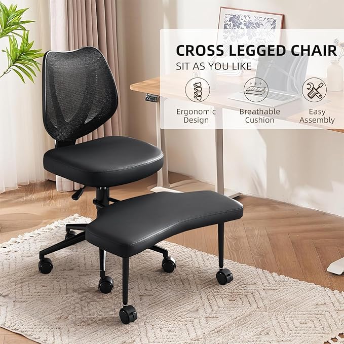 Ergonomic Cross Legged Office Chair with Lumbar Support & 360° Swivel Footrest for Meditation, Yoga, Home Office Work Criss Cross Desk Chair with Wheels, Adjustable Height for ADHD Desk