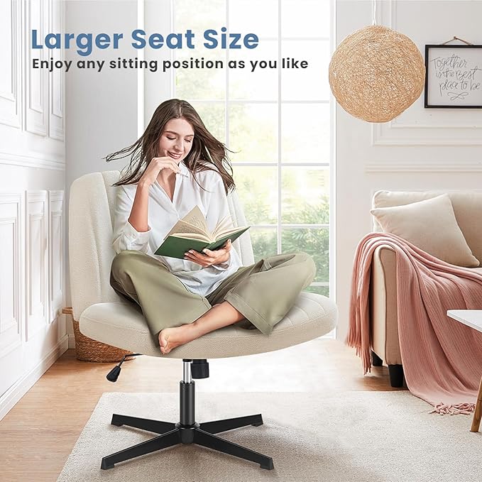 DUMOS Criss Cross Legged Chair Wide Comfy Home Office Desk Seat, No Wheels Armless Computer Task Seating, Swivel Vanity Chair Height Adjustable for Makeup Bedroom, Fabric Beige