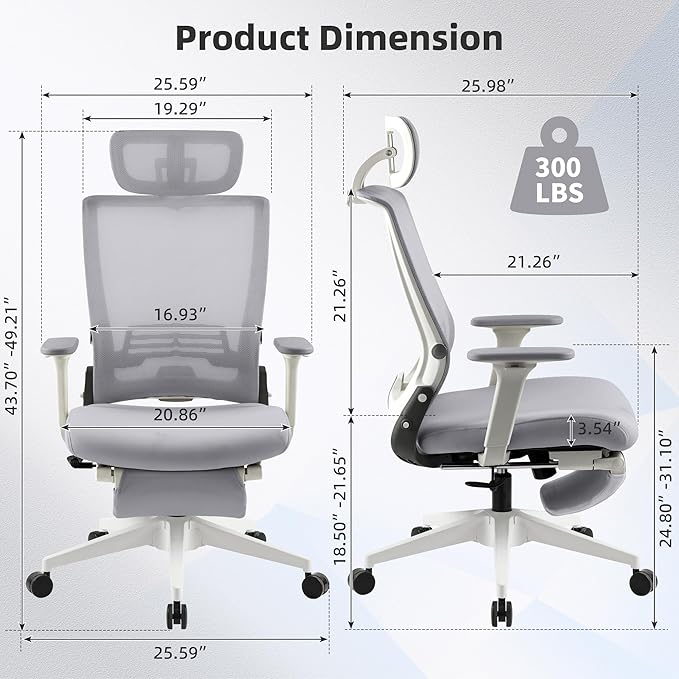 Foldable Office Chair with Foot Rest, Ergonomic Office Chair with Adjustable Lumbar Support, Headrest, Armrest, Home Office Desk Chairs for Space Saving, Grey