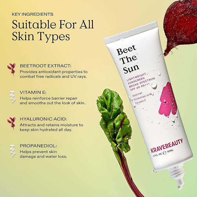 KraveBeauty Beet The Sun Lightweight Sunscreen SPF 40 PA+++, Broad Spectrum Facial Sunscreen with Beet Root Extract & Hyaluronic Acid, Non-Greasy Daily SPF Lotion for Face, Fragrance Free, 50 mL