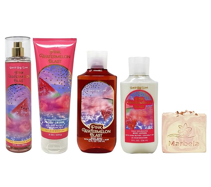 Bath & Body Works Pink Watermelon Blast Deluxe Gift Set - Fragrance Mist, Body Cream, Body Wash and Body Lotion - with a Himalayan Salts Springs Bar Soap - Full Size