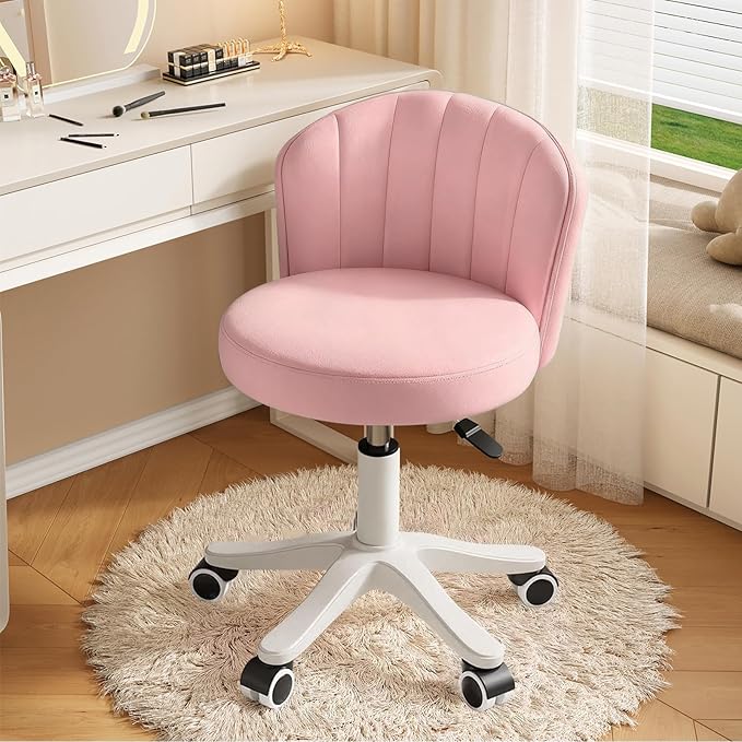 Small Round Rolling Desk Chair Armless Comfy Vanity Computer Chair with Low Backrest PU Leather Height Adjustable Swivel Work Spa Chair
