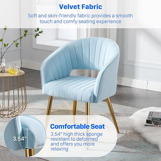 Home Office Chair Velvet Desk Chair Accent Armchair Upholstered Modern Tufted Chairs with Gold Legs for Girls Women Ergonomic Study Seat Computer Task Stools for Living Room(Blue)