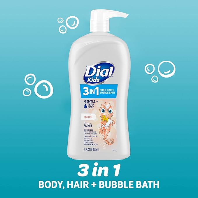Dial Kids All-in-1 Body + Hair + Bubble Bath, Peach Scent, 32 Fl Oz, Hypoallergenic Body Wash & Shampoo, No Tears Formula for Kids 2+ Years, No Parabens & Silicones (Pack of 2)