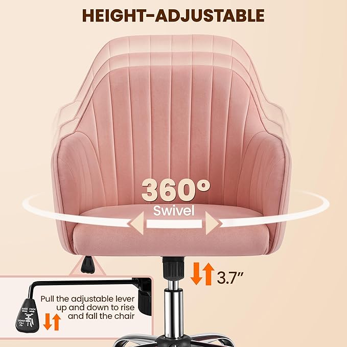 Yaheetech Pink Desk Vanity Chair Comfy Modern Aesthetic Accent Armchair Height Adjustable Swivel Computer Chair for Bedroom or Office