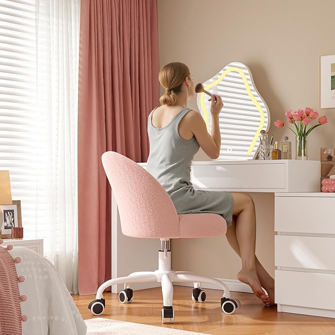 Vanity Chair with Wheels, Cute Desk Chair with Back, Armless Office Chair Height Adjustable, Soft Lumbar Support for Small Space, Bedroom, Gentle Pink