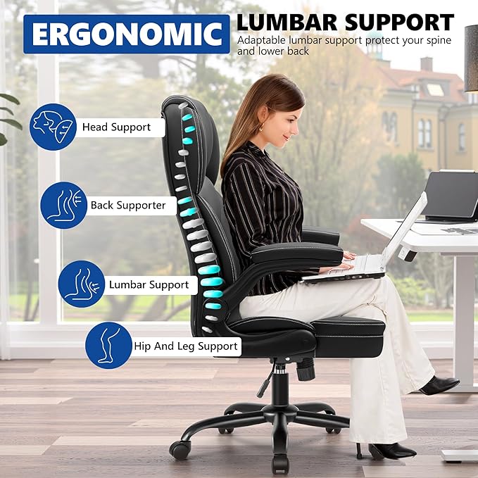 PU Leather Executive Office Chair, Ergonomic High-Back Computer & Gaming Chair with Adjustable Height, Rolling Swivel & Flip-Up Armrests, Comfy Padded Seat for Home Office-Black