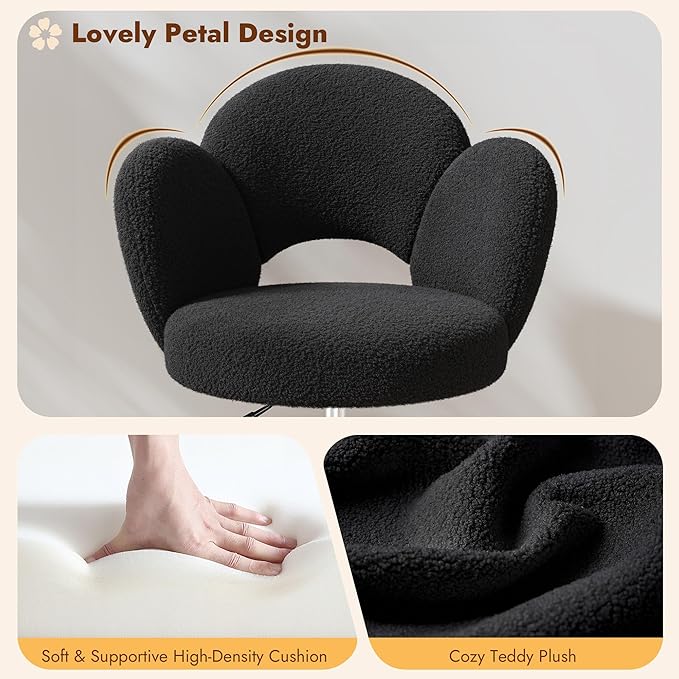 Petal Vanity Chair, Black Vanity Chair with Wheels & Lumbar Support, Height Adjustable, Velvet Cute Desk Chair for Study, Makeup & Relaxation