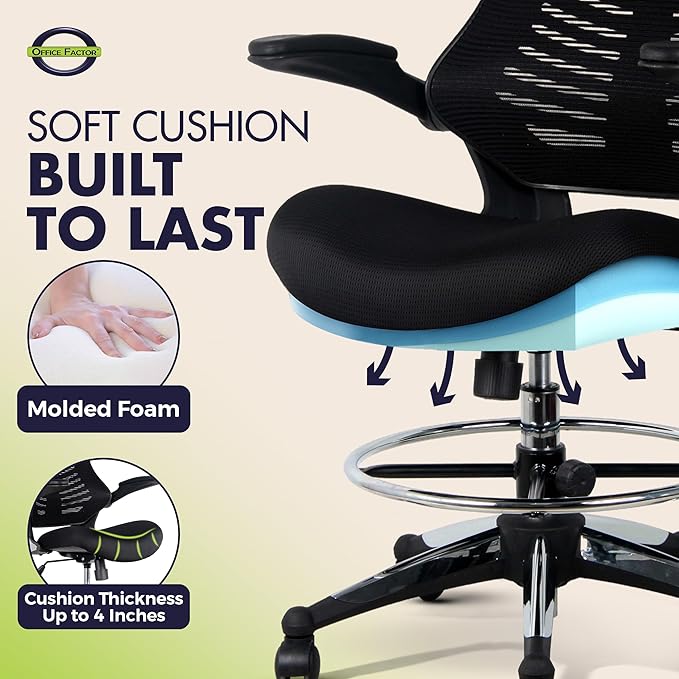 OfficeFactor 300 Lbs Ergonomic Drafting Chair Tall Office Chair Standing Desk Chair Flip up Armrests Molded Foam Seat with Adjustable Footrest Ring Lumbar Support (Black MESH Fabric)