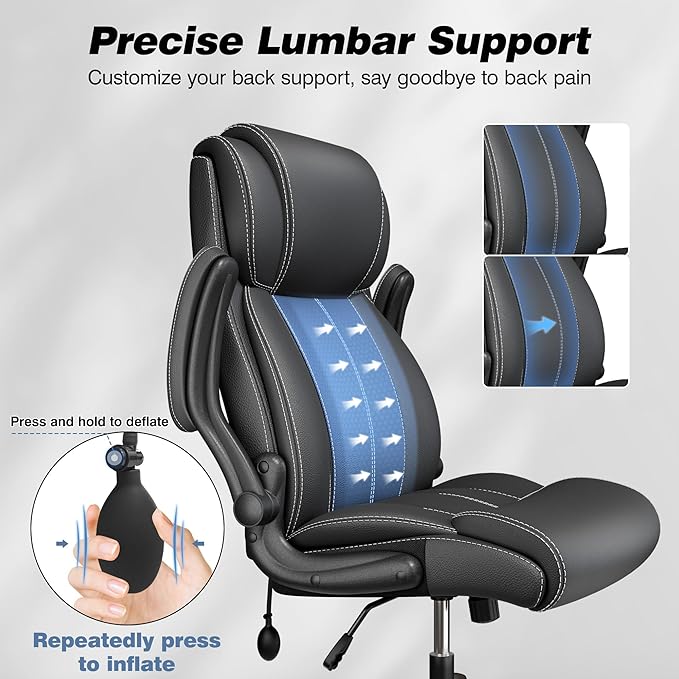 Ergonomic Office Chair, High Back Executive Leather Computer Desk Chair with Adjustable Lumbar Support & Flip-Up Arms, Heavy Duty Swivel Task Chair for Home Office, Black 2 Pack