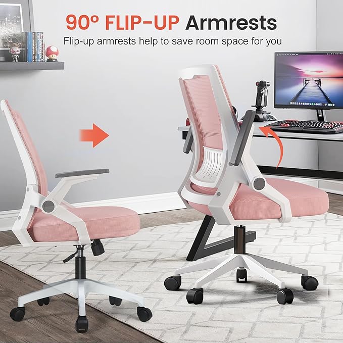 GTPLAYER Ergonomic Office Chair with Flip-up Armrests Executive Computer Chair for Home Office, Breathable Mesh & Comfy Lumbar Support, Pink