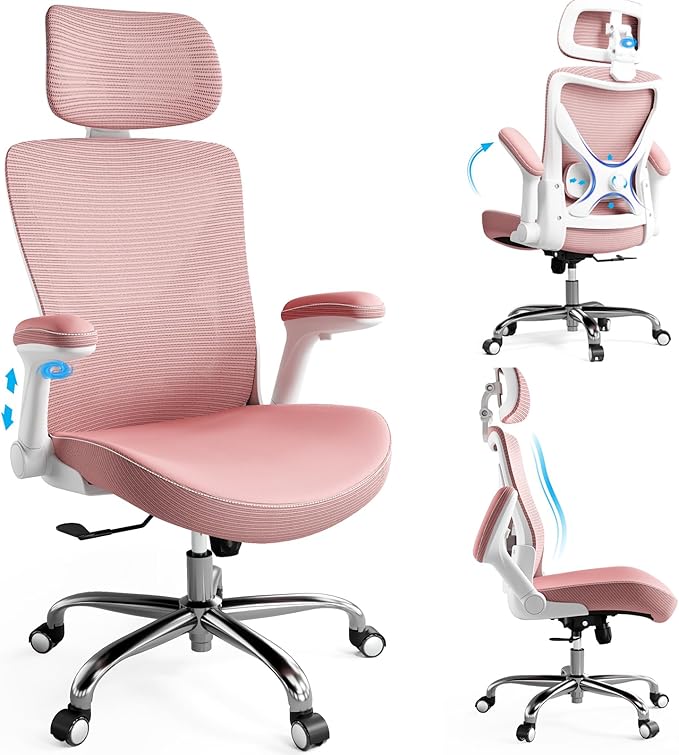 Office Home Ergonomic Desk Chair-Computer X-Shaped Chair Mesh PU Leather with Adjustable Lumbar Support-Executive Chair High Back with Headrest Flip-Up Arms for Long Hours (Dark Pink)