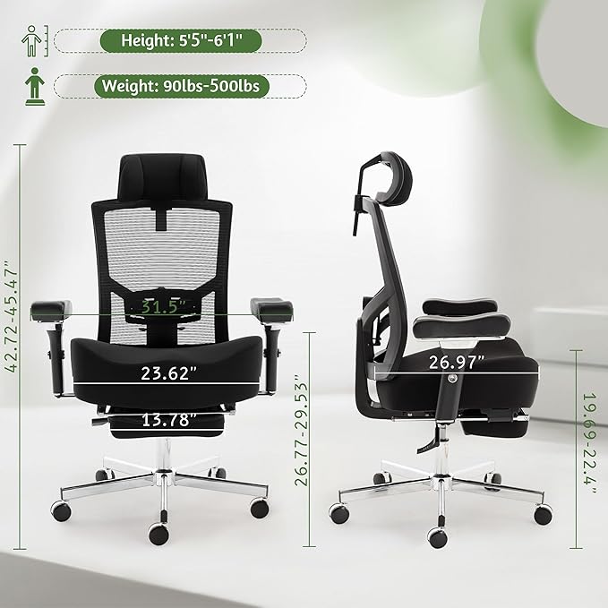 600LBS Big and Tall Office Chair,Ergonomic Mesh Office Chairs with Thick Oversized Spring Cushion,Executive Computer Desk Chair Adjustable Upgraded 4D Armrests,Footrest&Headrest for Home Office,Black