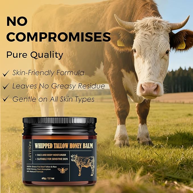 Beef Tallow and Honey Balm Moisturiser, Whipped Grass Fed with Raw Honey and Olive Oil, Anti-Aging Facial Cream, Unscented, 3 Ounce (Medium)