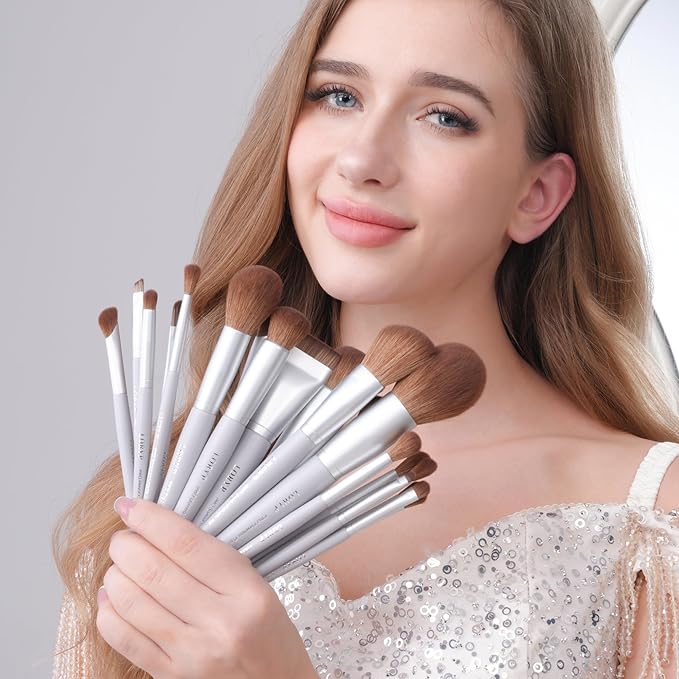 LORYP Makeup Brush Set Soft Vegan Professional Cosmetic Brushes for Face & Eyes Gray 20 Pcs Full-Size