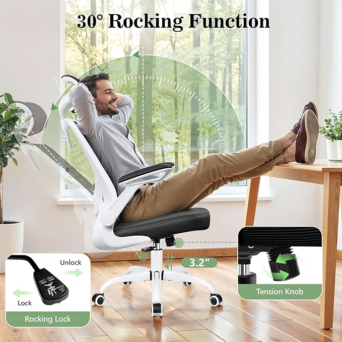 Office Chair Ergonomic Desk Chair, Breathable Mesh Office Chairs with Adjustable Lumbar Support, Flip-Up Arms, Computer Desk Chair Comfy for Home Office, White