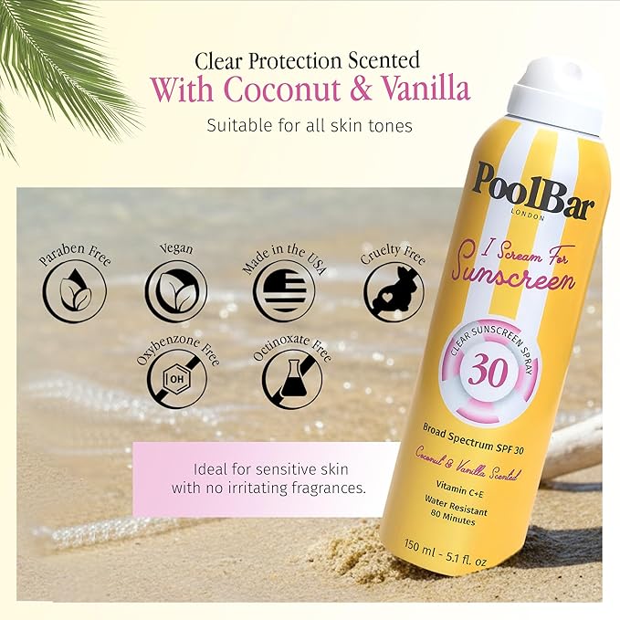 PoolBar SPF 30 Clear Sunscreen Spray – Broad Spectrum UVA/UVB Sun Protection Spray, Lightweight Non-Greasy Formula with Vitamins C and E – Reef Safe, Vegan, Cruelty-Free, Coconut Vanilla Scent