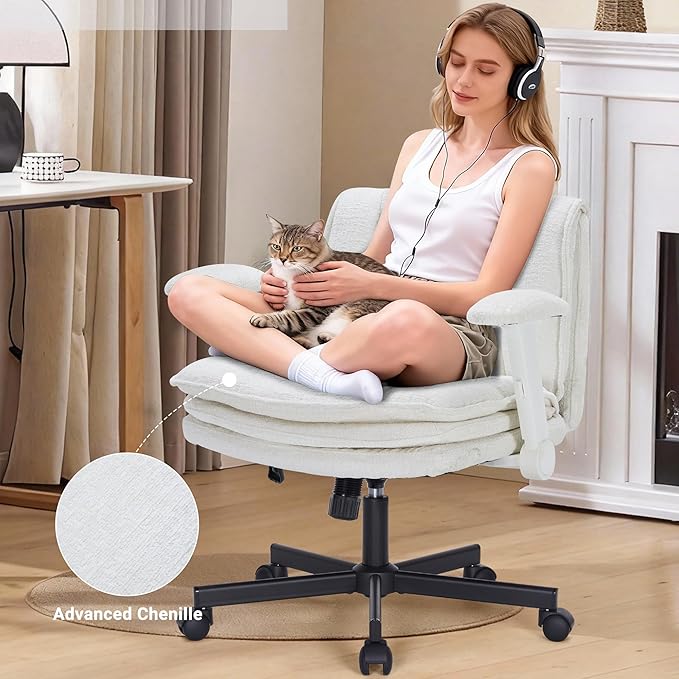 Criss Cross Chair with Wheels and Flip Arms, Upholstered Cross Legged Office Chair with 3 Layer Cushions&Dynamic Airbag Lumbar Support, Wide Seat Comfy Desk Chair for Home Office, Living Room, Beige