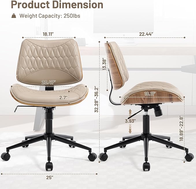 Walnut Bentwood Mid Back Armless Office Chair 1 Pack, Adjustable Height PU Leather Swivel Desk Chair with Wheels, Rolling Computer Task Chair for Home Office, Study, Meeting Room