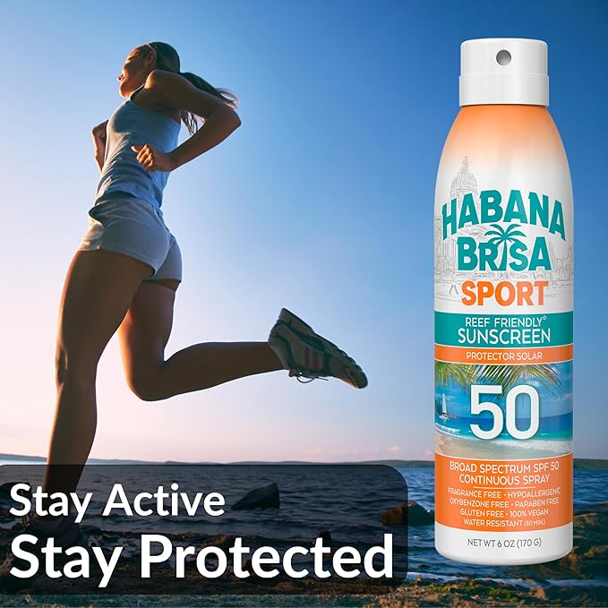 Habana Brisa Reef-Friendly Sport SPF 50 Sunscreen Spray – Broad Spectrum UVA/UVB Protection, HAWAII ACT 104 COMPLIANT, Water-Resistant, Non-Greasy, NON GMO & Vegan, 6 FL OZ
