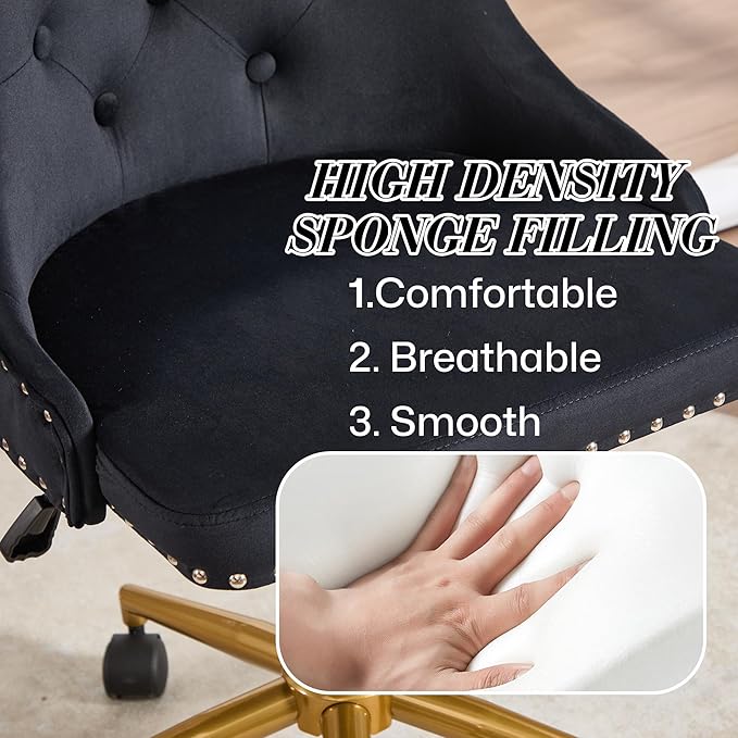 Velvet Armless Home Office Desk Chair, Swivel Height-Adjustable Small Cute Vanity Chair for Women/Girls, Comfy Makeup Chair with Rivet and Gold Base for Living Room, Bedroom(Black)