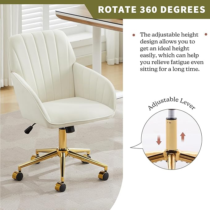 Velvet Home Office Desk Chair, Modern Cute Computer Task Chair with Back, Height Adjustable Upholstered Vanity Chair with Swivel Wheels for Women, Girls (Gold Base, Cream
