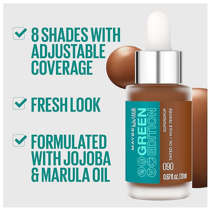 Maybelline Green Edition Superdrop Tinted Oil Base Makeup, Adjustable Natural Coverage Foundation Formulated With Jojoba & Marula Oil, 100, 1 Count