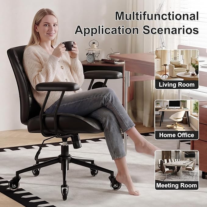 BFZ Home Office Desk Chair, Adjustable Comfy Desk Chair with Wheels, Comfortable Ergonomic Office Chair, Criss Cross Office Desk Chair with Back for Vanity,Home Office or Workspace, Black Leather