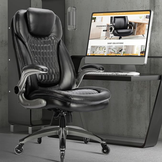 COLAMY High Back Executive Office Chair (Set of 2), Ergonomic PU Leather Desk Chairs with Flip-Up Arms and Upgraded Swivel Casters, Comfortable Computer Chairs for Home Office – Black