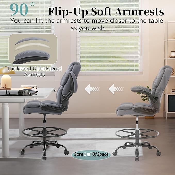 Ergonomic Drafting Chair, Tall Office Chair for Standing Desk, High Back Standing Desk Chair with Flip-Up Armrest, Adjustable Height&Foot Ring, Executive PU Leather Extended Height Office Chairs,Grey