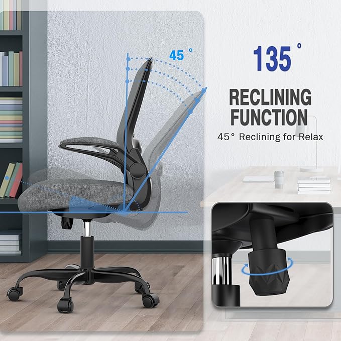 Mimoglad Ergonomic Office Chair - Desk Chair with Flip-up Armrests & 135° Recline, Adjustable Lumbar Support - Space-Saving Task Chair for Business/Team Office & Home (Iron Gray, 300lbs)