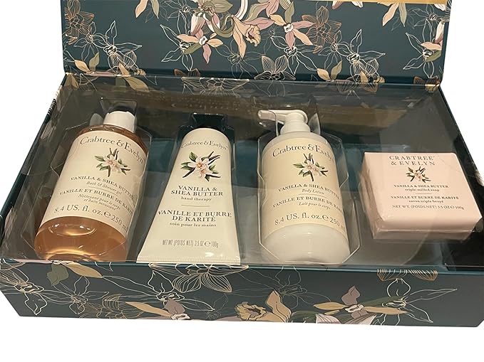 Crabtree & Evelyn Vanilla & Shea Butter Collection Set (Bath & Shower Gel 8.4 fl oz, Hand Therapy 3.5 oz, Body Lotion 8.4 fl oz, Bar Soap 3.5 oz)