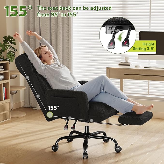 Big and Tall Office Chair with Adjustable Arms and Back, Ergonomic Office Chair with Footrest and Comfortable Fabric for Home Office, Bedroom ，Black