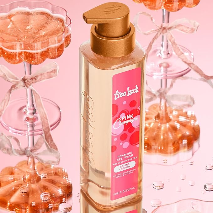 Tree Hut Pink Champagne Foaming Gel Body Wash, Hydrating & Moisturizing Shower Gel for Soft, Glowing Skin, Fruity Floral Scent, 18 fl oz