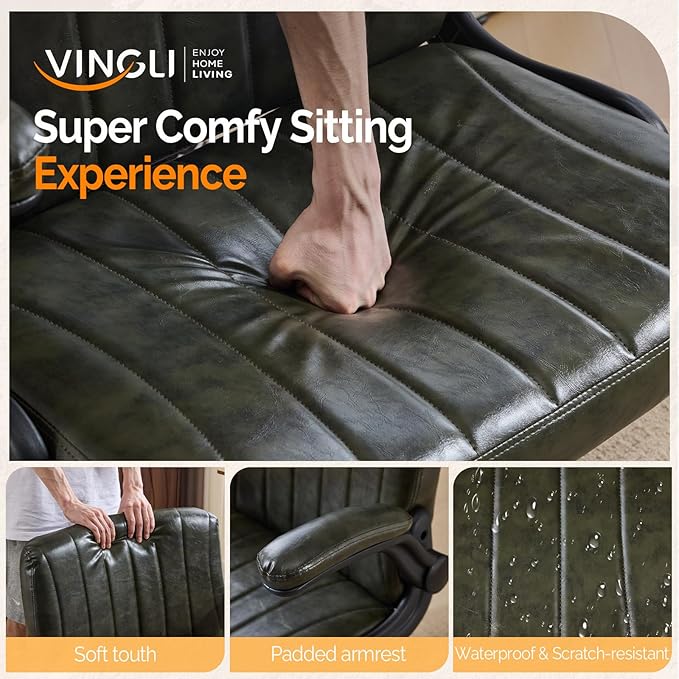 VINGLI Criss Cross Chair with Adjustable Flip-Up Arms,Cross Legged Chair with Wheels, Extra Wide Office Chair,Comfortable Desk Chair for Home Office, Vanity, Bedroom, PU Leather,Dark Green