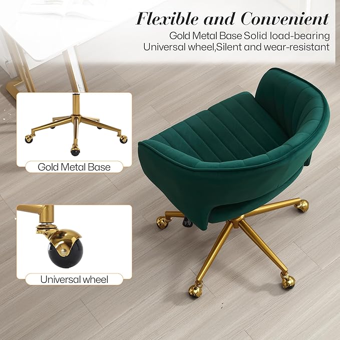 Home Office Swivel Desk Chair, Modern Velvet Vanity Chair, Height Adjustable Armchair with Gold Base, Ergonomic Office Chair for Task Study Computer Room, Dark Green