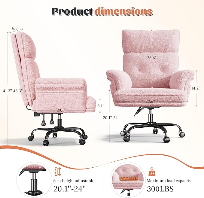 Big and Tall Office Chair with Adjustable Armrests & Wheels，145° Reclining Desk Chair Comfy,Pink Vanity Chair for Home,Office,Bedroom,Teddy Plush