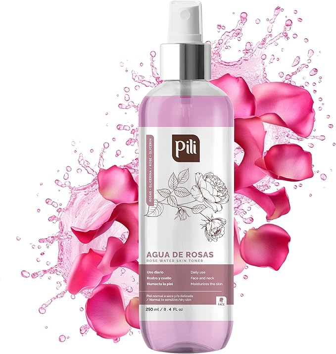 PILI Rose Water, Facial Toner for Sensitive Skin. Refreshes, Tones and moisturizes with The Softness of The Natural Extract of Roses and Glycerin. 8.4 oz