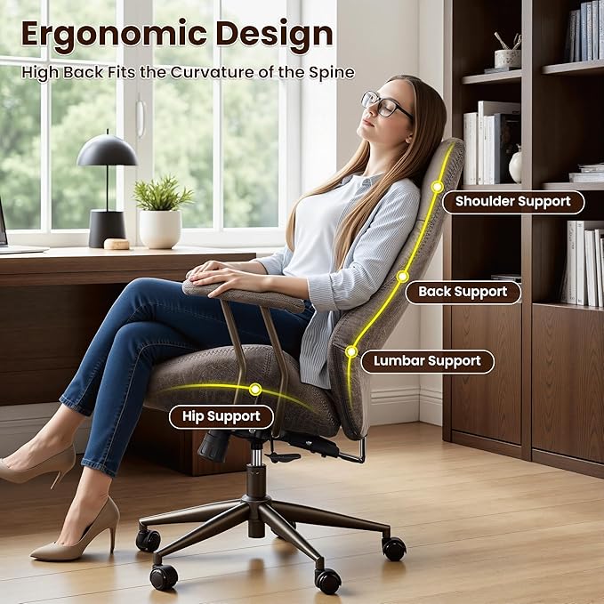 ovios Ergonomic Office Chair, High Back Faux Leather Executive Chairs with Armrests, Comfy Mid-Century Modern Swivel Rolling Computer Armchair (Dark Grey, Suede Leather)